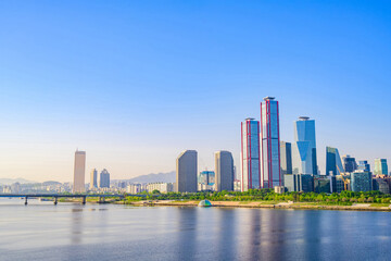 Fototapeta na wymiar Skyscrapers in Yeouido, Han River, Seoul, taken in the morning