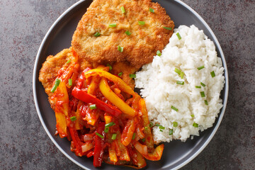 Homemade breaded schnitzel served with Gypsy sauce of bell peppers and onions with rice in a plate on a table. Horizontal top view from above