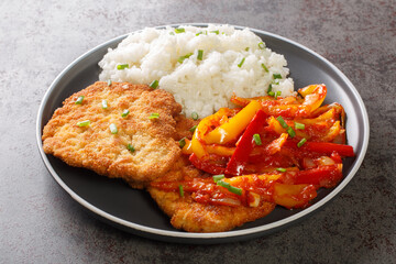 Homemade breaded schnitzel served with Gypsy sauce of bell peppers and onions with rice in a plate...