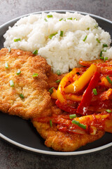 Zigeuner Schnitzel or Balkanschnitzel or Paprikaschnitzel gravy with peppers and onions close-up in a plate on a table. Vertical