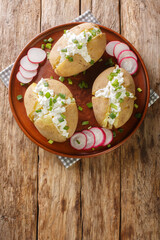 Pyry z gzikiem is a dish of Poland cuisine which consists of potatoes in jacket, salty curd cheese and green onion closeup on the plate on the table. Vertical top view from above