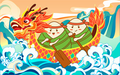 Dragon boat race in the river on the Dragon Boat Festival with waves and mountain peaks in the background, vector illustration