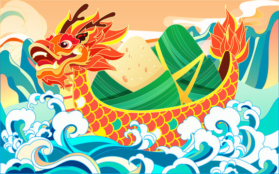 Dragon boat race in the river on the Dragon Boat Festival with waves and mountain peaks in the background, vector illustration