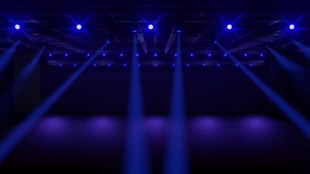 Motion Empty stage light Design for mockup and Corporate identity,Display.Stage with truss in hall.Blank screen for Graphic Resources.Scene event led night light staging.Animation loop 4k.3D render.	