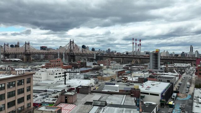 aerial Queensboro Bridge over Queensbridge buildings Long Island City Queens New York City NYC