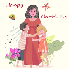 Obraz na płótnie Canvas Mom with two children, magnolia in the background, mother's day vector illustration. happy mother's day vector illustration.