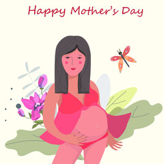 Pregnant woman in a chemise, among flowers, with a butterfly, magnolia in the background, mother's day vector illustration.