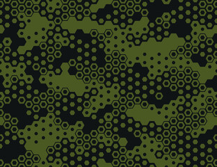 Camouflage seamless pattern with hexagonal geometric dotted texture. Abstract modern endless military ornament for fabric and fashion textile print. Vector background.
