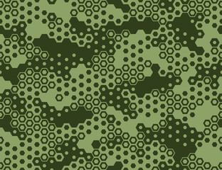 Camouflage seamless pattern with hexagonal geometric dotted texture. Abstract modern endless military ornament for fabric and fashion textile print. Vector background.