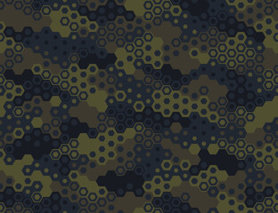 Camouflage seamless pattern with hexagonal geometric dotted texture. Abstract modern endless military ornament for fabric and fashion textile print. Vector background.