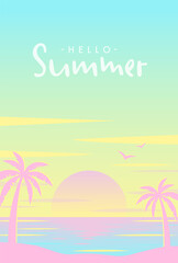 vector background with sunset on the beach with palms for banners, cards, flyers, social media wallpapers, etc.