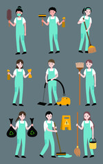 Fototapeta premium Cleaning service cartoon character vector flat illustration
