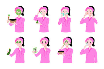 girl use skin care routine vector collection illustration