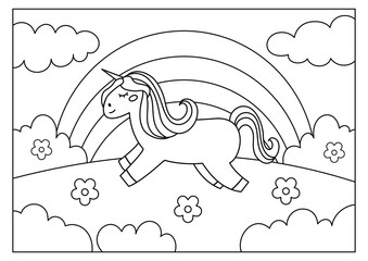 Fototapeta premium Unicorn printable coloring page for kids activity vector 