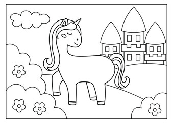 Unicorn printable coloring page for kids activity vector 
