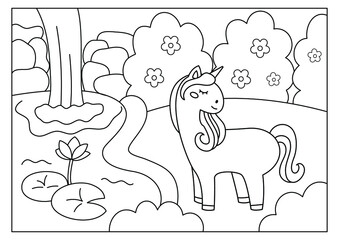 Unicorn printable coloring page for kids activity vector 