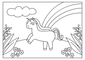 Unicorn printable coloring page for kids activity vector 