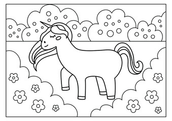 Unicorn printable coloring page for kids activity vector 