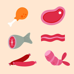 Fototapeta premium Meat collection vector flat illustration