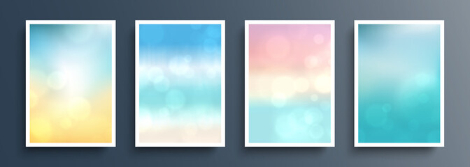 Summer blurred backgrounds. Summertime backdrops with bokeh effect and soft colors. Template for your seasonal graphic design. Ocean, sea, beach. Vector illustration.