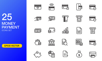 Money and payment icon set in outlined style. Suitable for design element financial and online trading, digital payment, and business technology app.