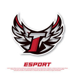 Eagle wing esport logo letter T design template, bird esport logo illustration, initial esport logo. © widoko