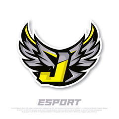 Eagle wing esport logo letter J design template, bird esport logo illustration, initial esport logo. © widoko