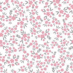 Seamless vintage pattern. Small pink flowers, grey leaves. White  background. vector texture. fashionable print for textiles, wallpaper and packaging.