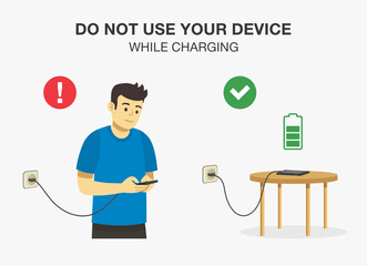 Do's and don'ts. Electrical safety rules and tips. Do not use your phone while charging. Young male character looking at mobile phone. Phone charging on a table. Flat vector illustration template.