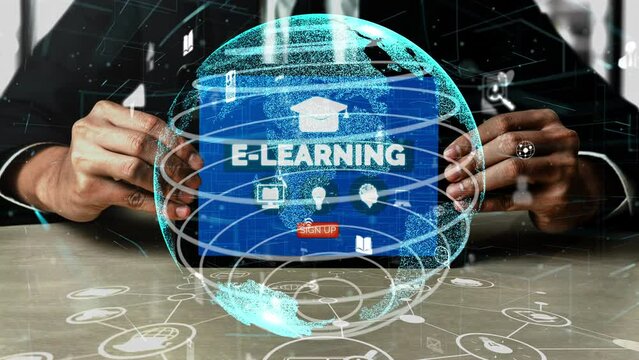 E-learning and Online Education for Student and University conceptual. Graphic interface showing technology of digital training course for people to do remote learning from anywhere.