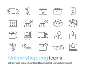 オンラインショッピングのアイコンセット。トラック,温度管理,ショッピングカート,配送,配達員,時間指定,スマートフォン,ノートパソコンなどのシンプルな線画アイコン