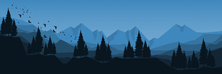 mountain landscape with silhouette of forest flat design vector illustration good for wallpaper, background, backdrop, banner, web, and design template