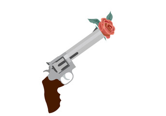 Revolver de mano con una rosa en el cañón.  - obrazy, fototapety, plakaty