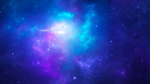 Space background. Flying through colorful blue and violet nebula with stars field. Digital animation, 3D rendering