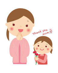 母の日　カーネーションをママにプレゼントする女の子　イラスト