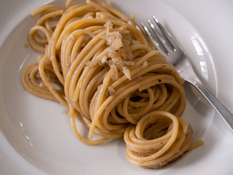 Bigoli alla Veneta, also called Bigoli in Salsa, an Italian Pasta Dish with Anchovies from the Veneto Region of Italy