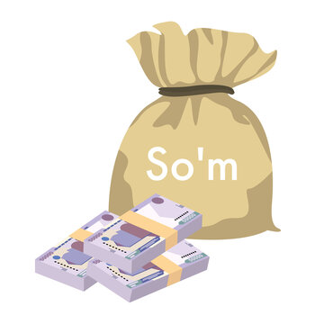 Uzbekistan Sum Vector Illustration. Uzbek money set bundle banknotes. Money bag 50000 UZS. Flat style. Isolated on white background. Simple minimal design.