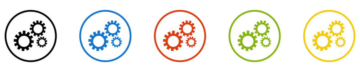 Bunter Banner mit 5 farbigen Icons: Zahnräder, Industrie oder Einstellungen