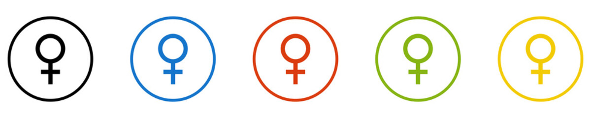 Bunter Banner mit 5 farbigen Icons: Zeichen f&uuml;r Frauen