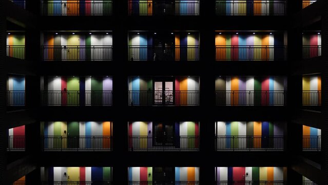Soho Building, a Colorful building in Odaiba. Multicoloured doors and windows in the skyscraper in Tokyo. High-quality 4k footage. High quality 4k footage