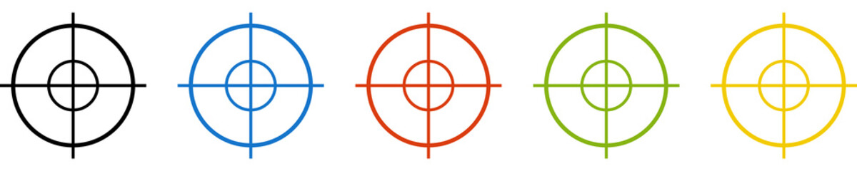 Bunter Banner mit 5 farbigen Icons: Fadenkreuz, Ziel oder Gefahr - obrazy, fototapety, plakaty
