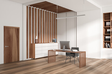 Office interior with table and armchair, shelf and sideboard