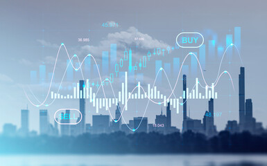 Business cityscape and graph stock market with rising lines and candlesticks