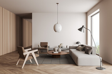 Light chill room interior with sofa and seats, panoramic window