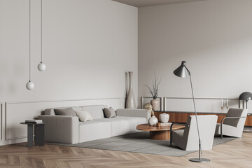 Light lounge room interior with couch and chairs, drawer and mockup