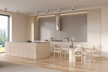 Light kitchen interior with island and dining area, kitchenware and window