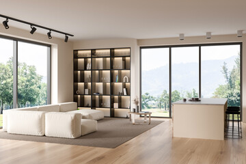 Kitchen interior with sofa and shelf with decoration, panoramic window