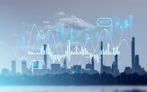 Business cityscape and graph stock market with rising lines and candlesticks