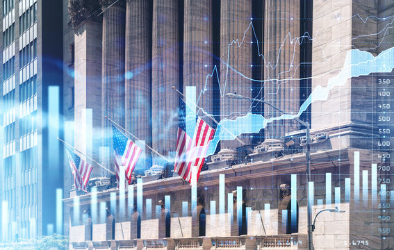 New York stock exchange building and flags. Business and finance
