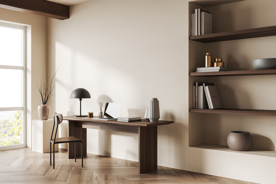 Light home office interior, seat and table with laptop, shelf and decoration. Mockup